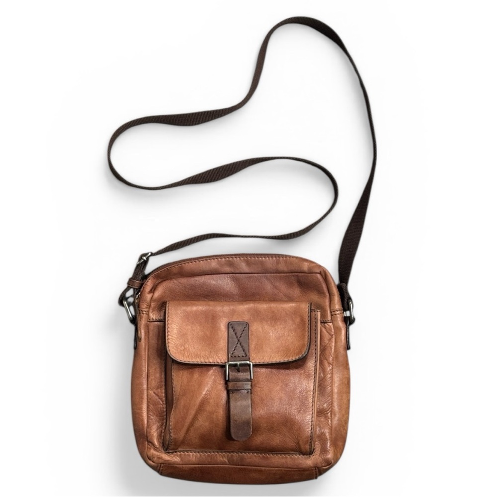 RUSTIC COGNAC LEATHER CROSSBODY MESSENGER BAG/VINTAGE STYLE BUCKLE POCKET UNISEX